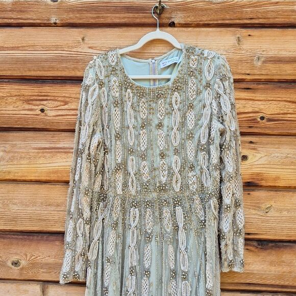 MAC DUGGAL 10077 Green Embellished Mesh Long Sleeve A Line Gown - Picture 9 of 15